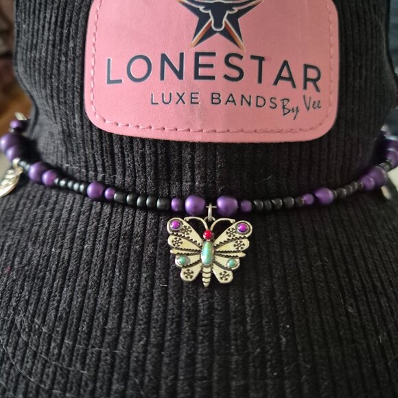 Western Purple & Black Beaded Hat Band with Butterfly Charm - Picture 4 of 4